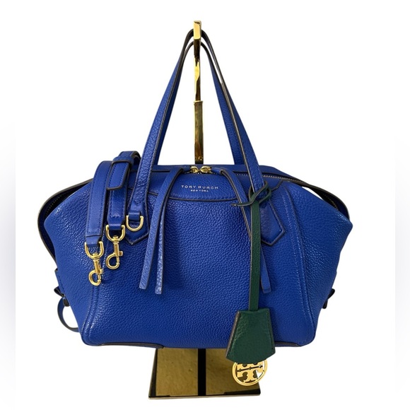 Tory Burch Perry Pebbled Leather Satchel Blue Green Gold Hardware - Picture 1 of 15